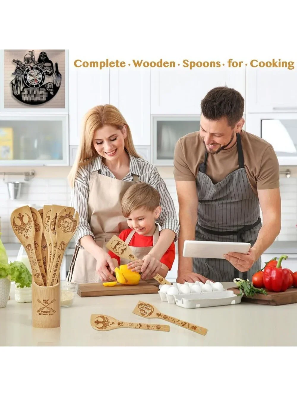 7PCS Bamboo Cooking Utensils Set - Wooden Spoons & Spatulas for Kitchen Decor